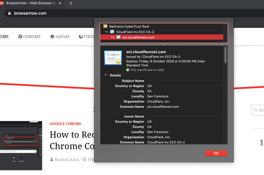 Site Certificate Details in Chrome Computer