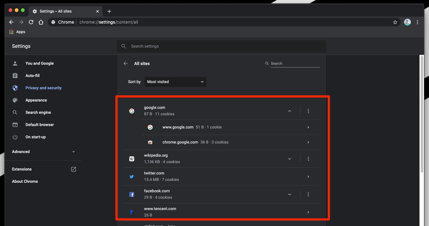 Site Content, Data and permissions in chrome computer