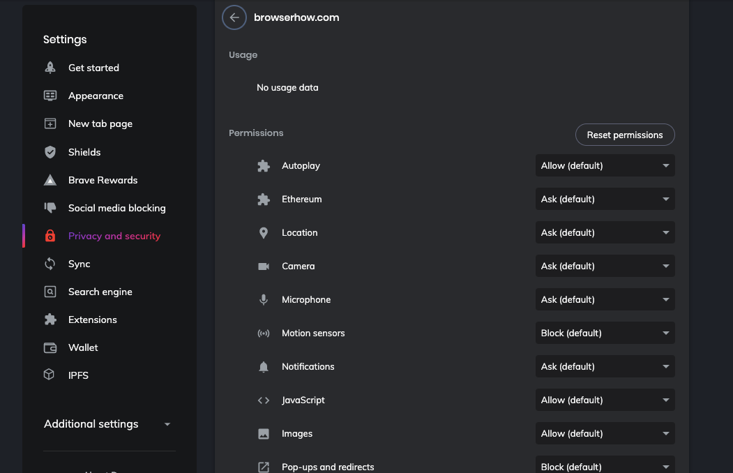 Site Settings in Brave Browser for Customization
