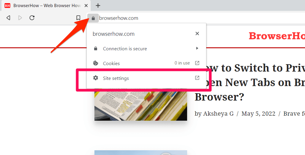 Site Settings menu from Padlock on Brave browser