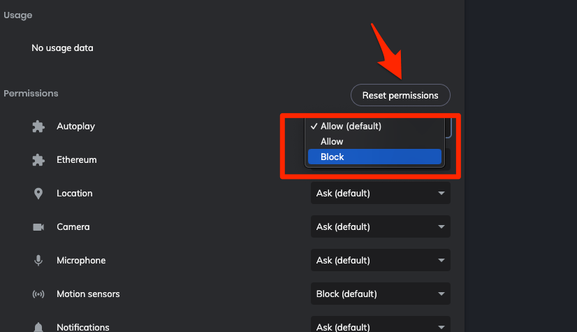 Site Settings Permissions setup in Brave Browser
