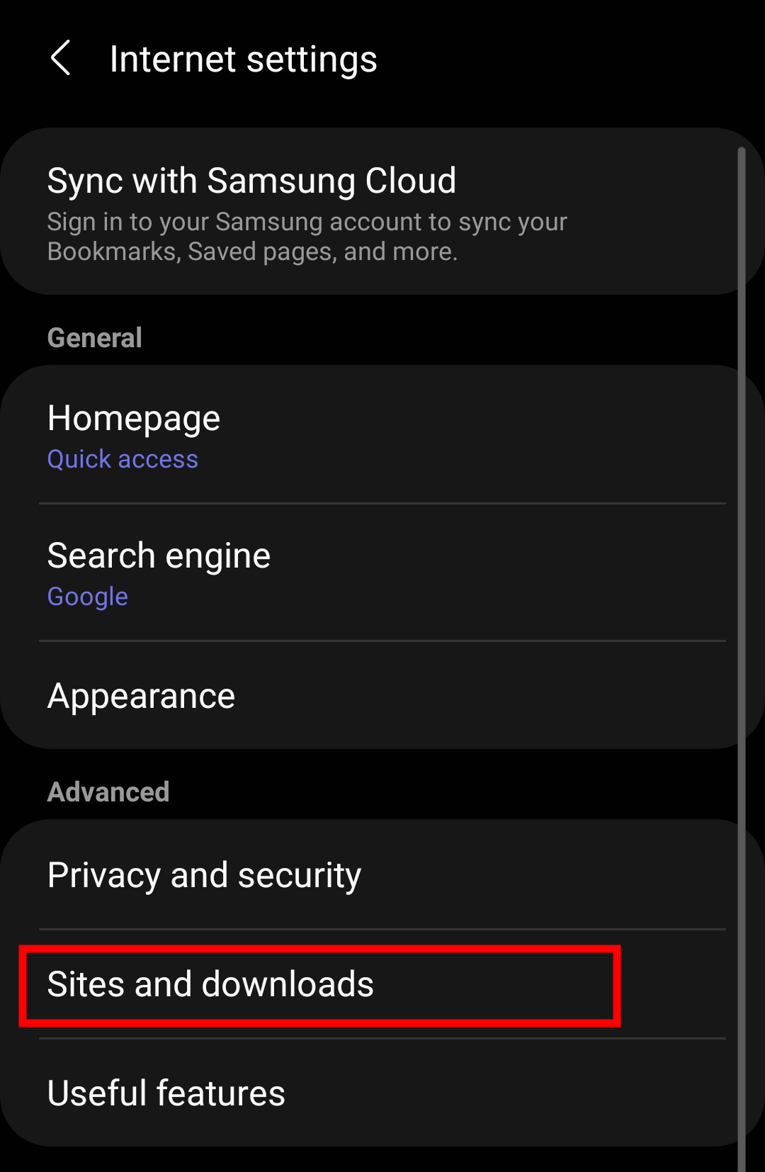 Sites and download menu in Samsung Internet