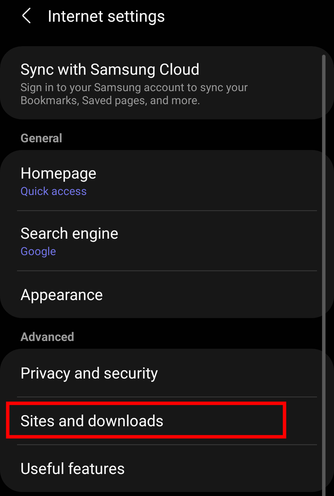 Sites and downloads options menu in Samsung Internet