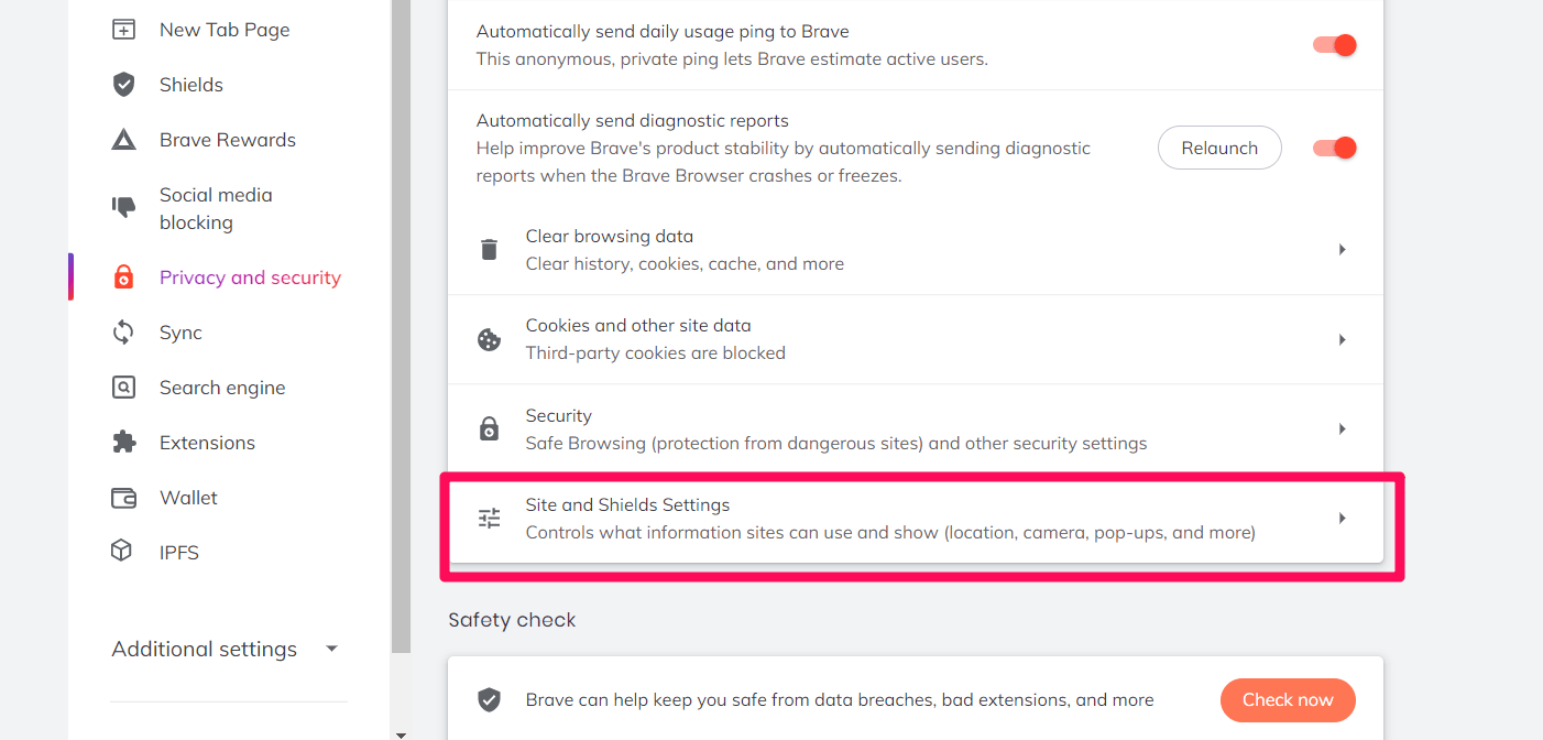 Sites and shield Settings on Brave Computer browser