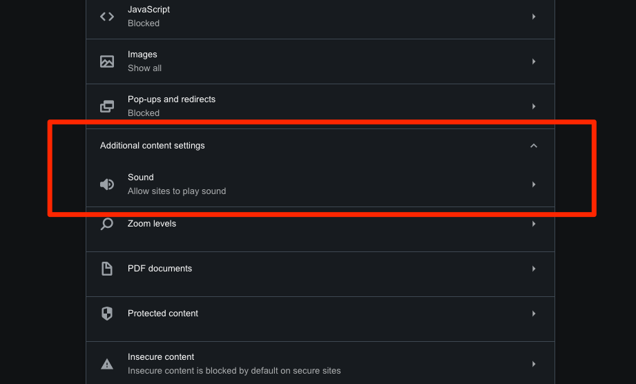 Sound Settings in Opera browser under Additional content settings