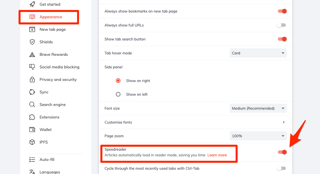 Speedreader Brave Browser autoloading Reader Mode