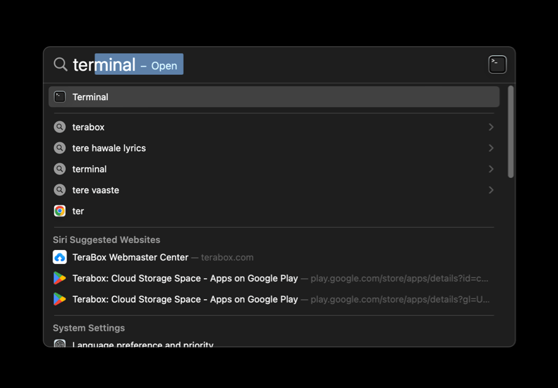 Spotlight Search to open Terminal App