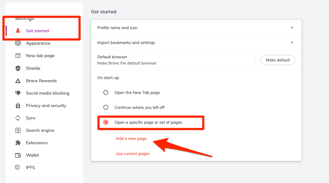 Start up page Settings in Brave browser with open a specific page