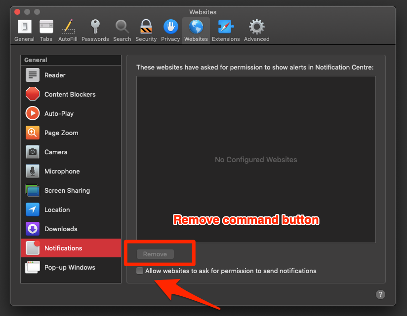 Stop and block websites to send notification on safari mac