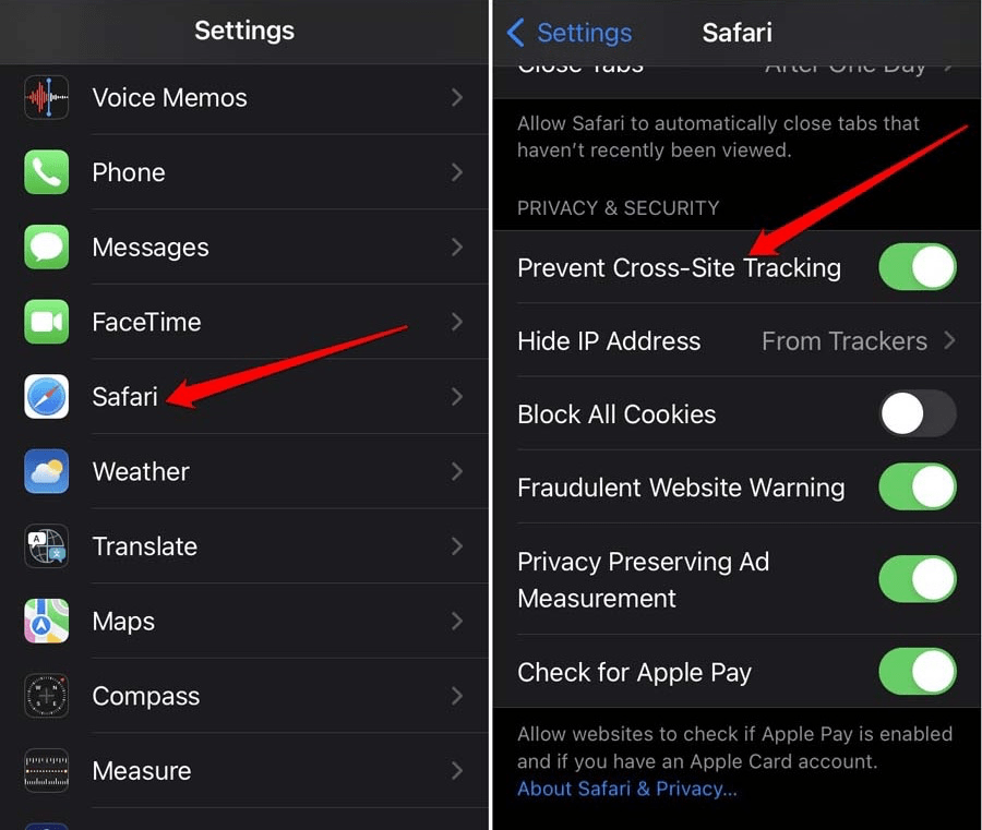 Stop Cross-Site Tracking on Safari iPhone