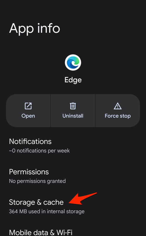 Storage and Cache menu in Edge app on Android Settings