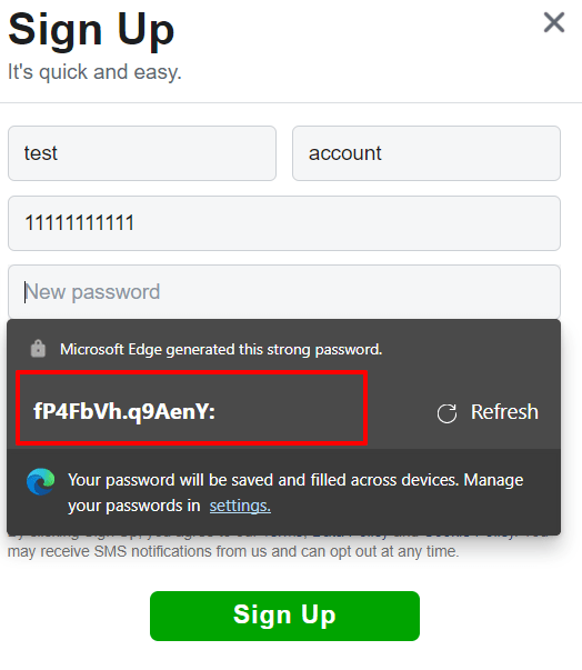 Strong password generated with Microsoft Edge
