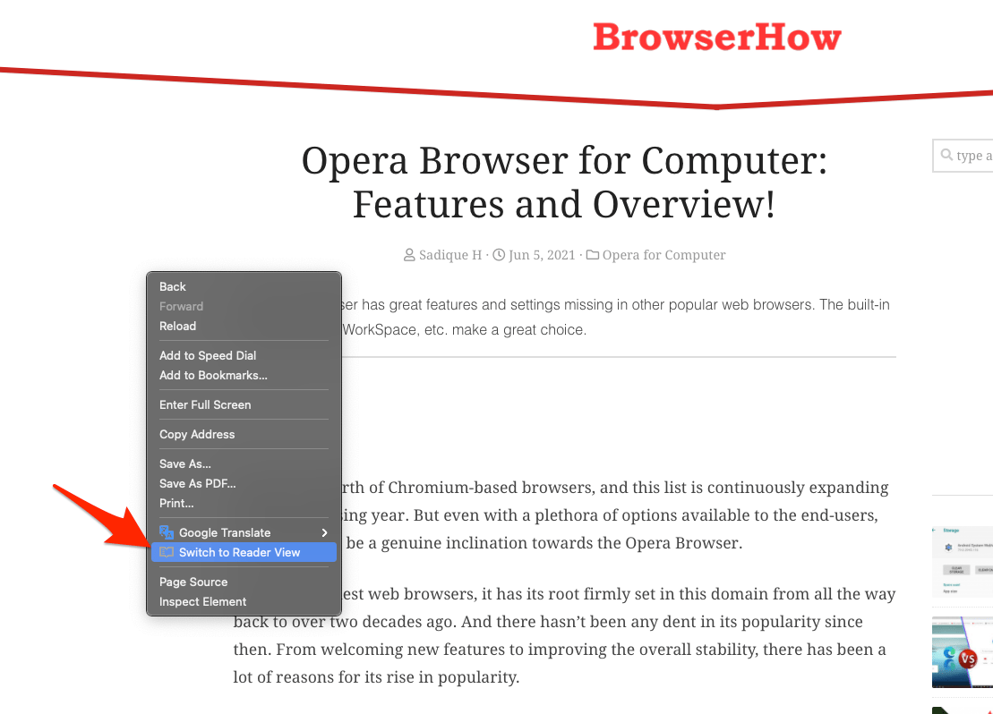 Switch to Reader View context menu in Opera Computer browser
