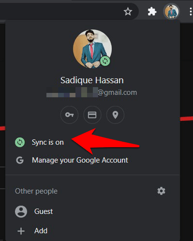 Sync is On status in Chrome computer