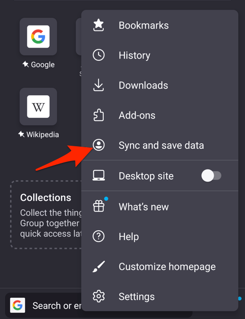 Sync and save data menu option in Firefox for Android