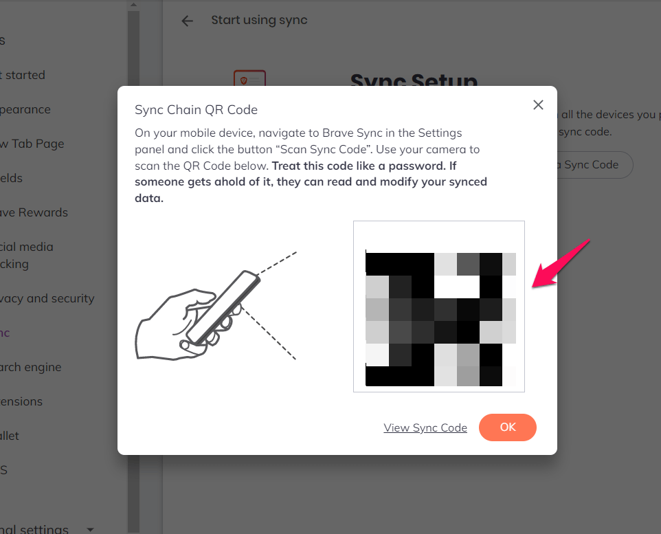 Sync Chain Scan QR Code on Brave Computer