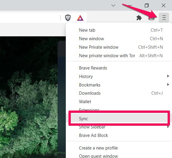 Sync menu Brave browser