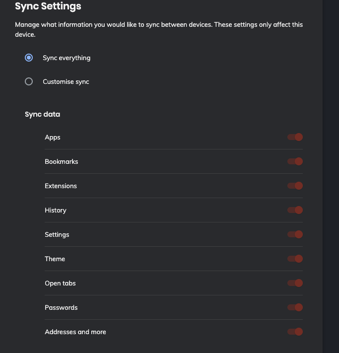 Sync Settings in Brave Computer Browser
