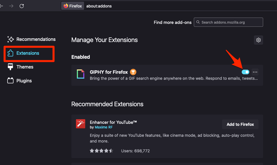 Toggle Button to disable the Firefox Add-on
