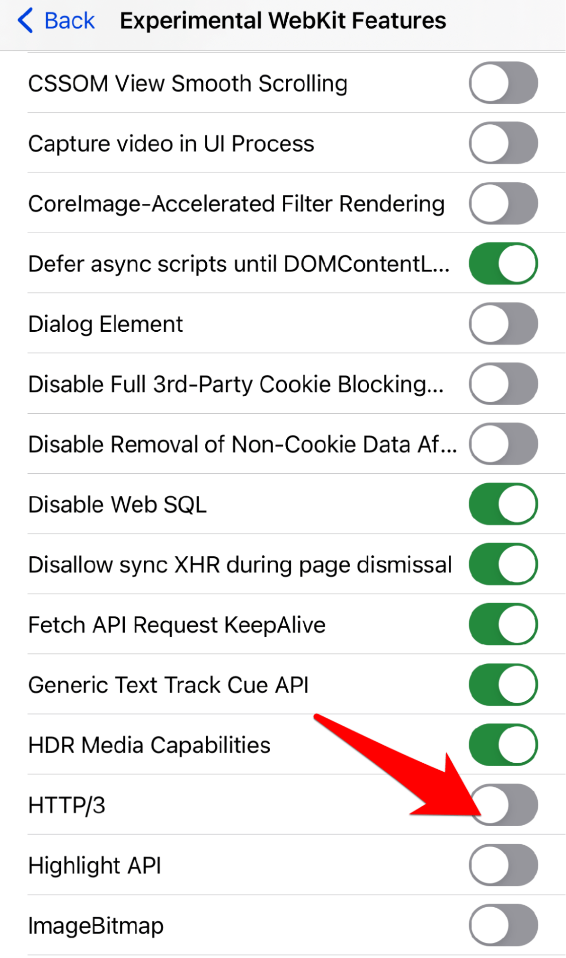 Toggle HTTP/3 in Safari Experimental WebKit