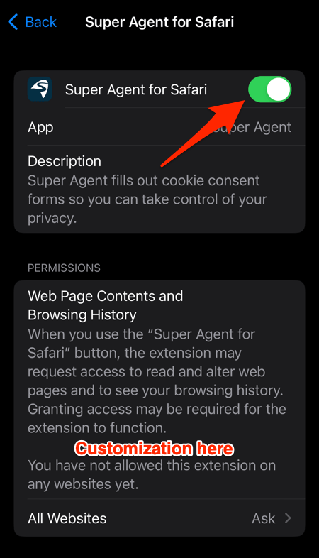 Toggle switch to Turn On or Off the extension in Safari on iPhone