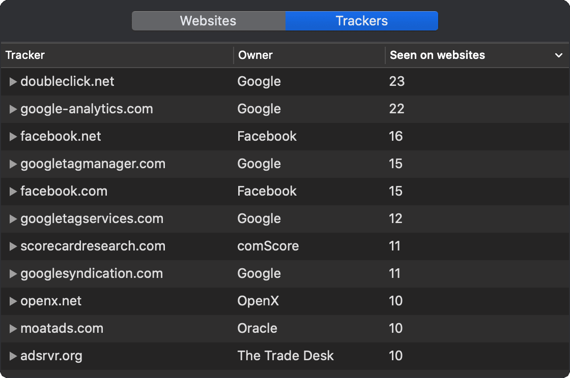 Trackers Report in Safari Privacy Report