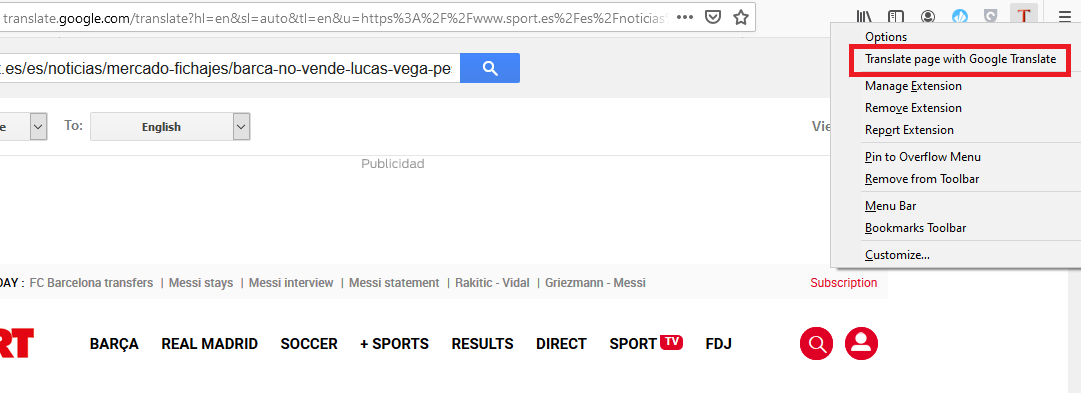 Translate page with Google Translate in Firefox Computer