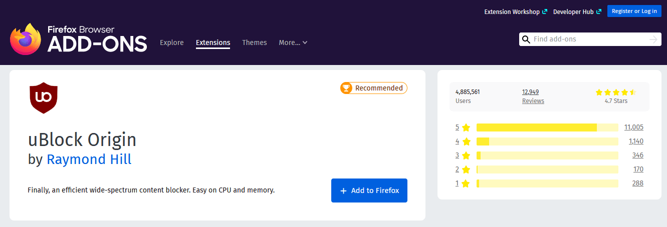 uBlock Origin Firefox adblocking extension