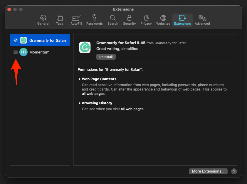 Uncheck Safari Extension to Disable in Safari browser