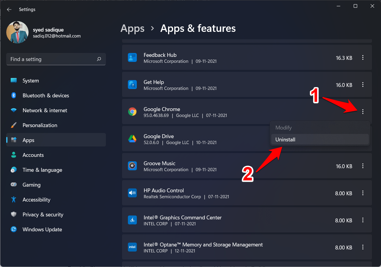 Uninstall Chrome context menu in Windows Apps and Features