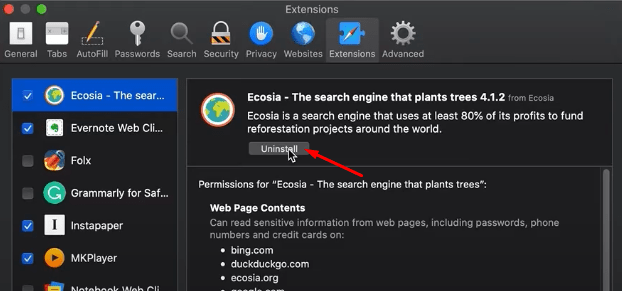 Uninstall extension from the Safari browser