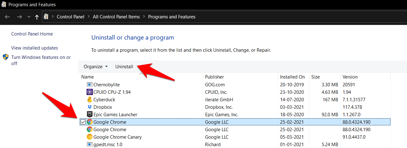 Uninstall Google Chrome from Windows OS Control Panel