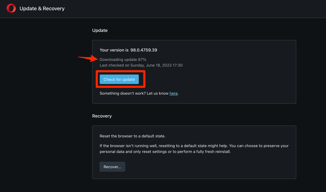 Update downloading on the Opera browser on the computer