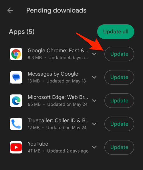 Update Google Chrome under Pending downloads page in Play Store app