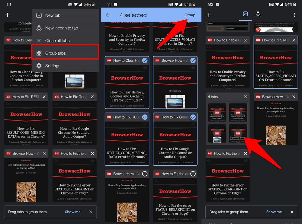 Use Group Tabs options in Chrome Android