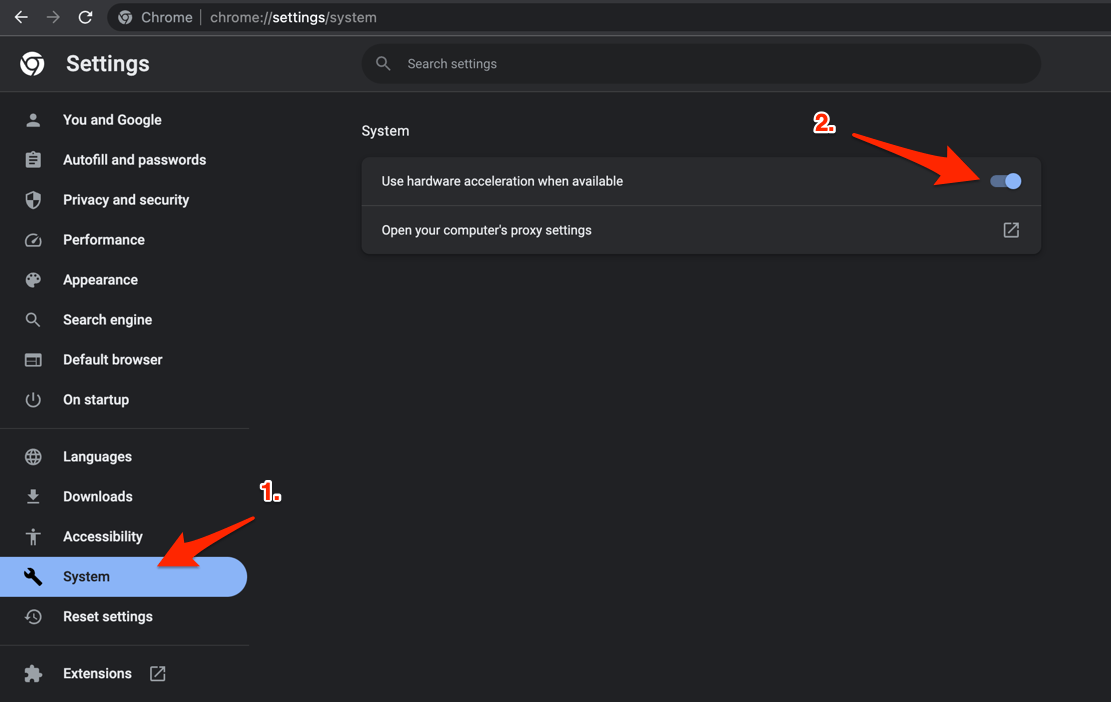 Use hardware acceleration when available option under System settings in Chrome browser on Computer