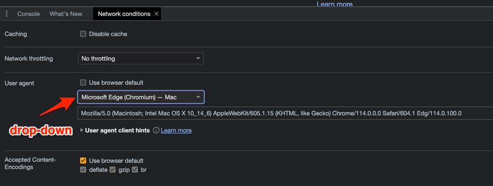 User agent changed to Microsoft Edge Chromium on Google Chrome browser from Developer Tools