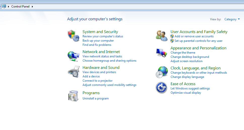 Windows 7 Control Panel Window